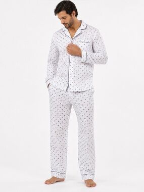 Petite Plume Men’s Medium Bee Print 100% Cotton Pajama Set White Blue